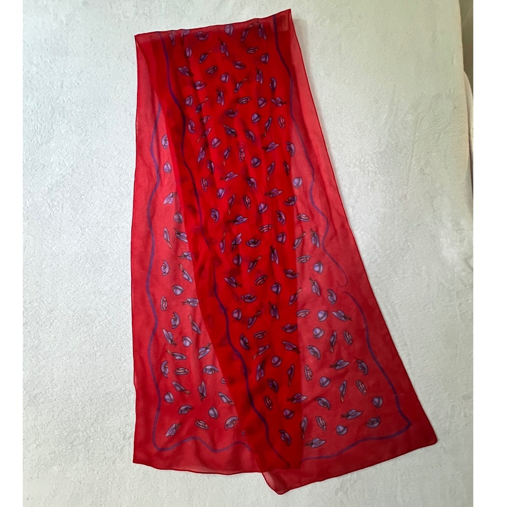 Scarf Red Purple Vintage Hat Print Made in Italy OS